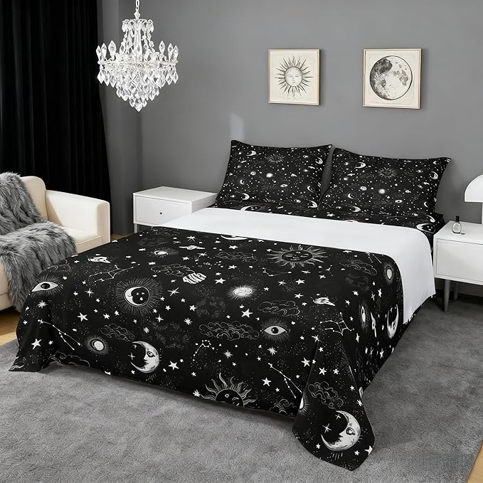 Castle Fairy Sun and Moon Bed Sheet Set Twin Size,Starry Galaxy Boho Hippie Constellation,Bedding Decor Set with 1 Flat & 1 Fitted Sheet with 1 Pillow Sham