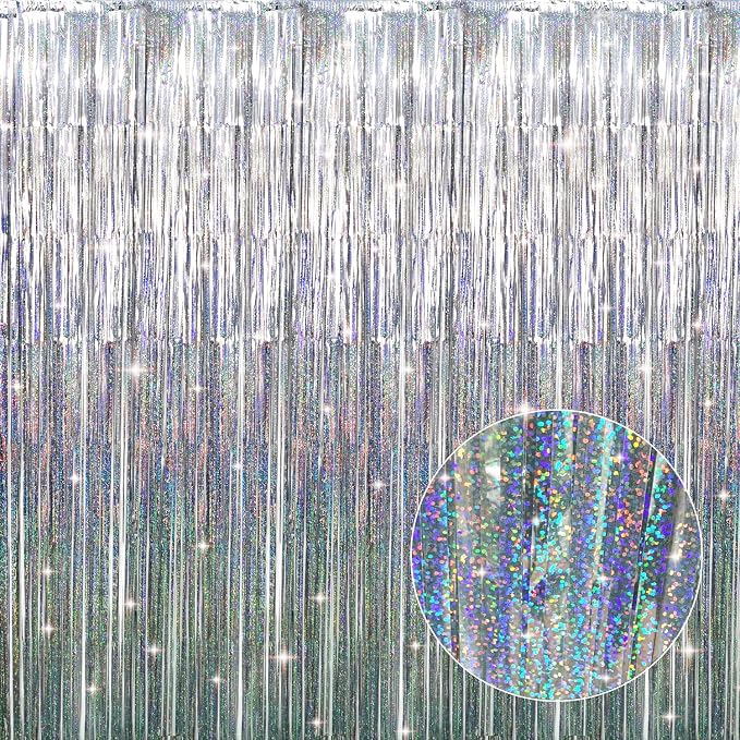 GOER 3.2 ft x 8.2 ft Metallic Tinsel Foil Fringe Curtains Party Photo Backdrop Party Streamers for Birthday,Graduation,New Year Eve Decorations Wedding Decor (1 Pack, Shiny Silver)