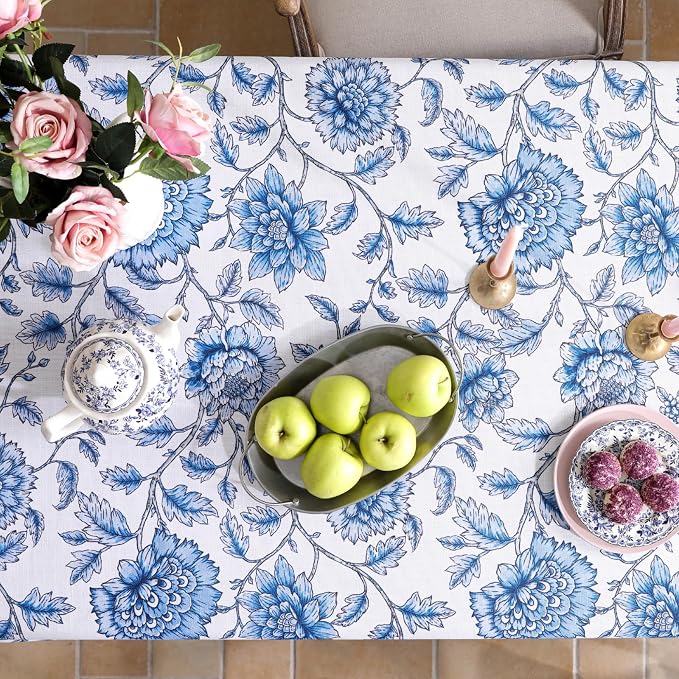 ISAENNE Designer French Linen Rectangular Tablecloth,118"x67"-BlueWilow | Chinoiserie Vintage Elegant Long Table Cloth Rectangle Table,Blue Floral Pattern,Beautiful,Dining,Kitchen,Thanksgiving