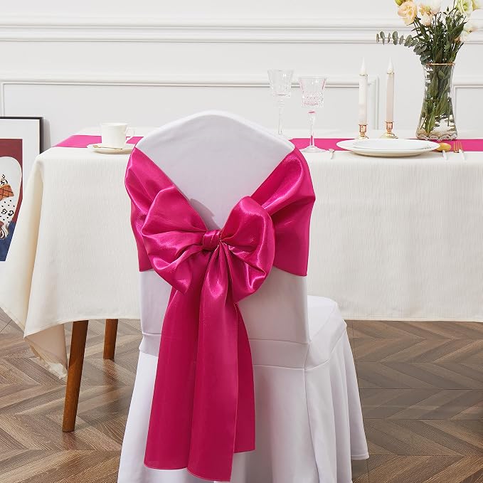10 Pcs Rose Red Satin Chair Sashes Bows Universal Chair Cover for Wedding Reception Events Banquets Party, Hotel Event Decorations, 6 x 108 inch