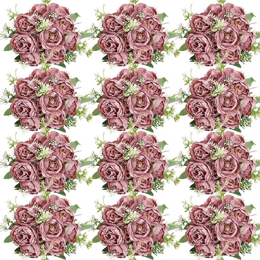 12 Bundles Peonies Artificial Flowers Artificial Peonies Silk Flowers Fake Peonies Artificial Flowers Wedding Home Table Decoration Realistic Peonies Bouquet for Centerpiece Table (Dusty Rose)