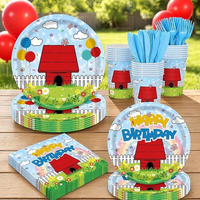 Cartoon Dog Red House Party Supplies Cartoon Tableware Set Kids Boys Girls Birthday Party Decoration Red and Blue Disposable Tableware Party Kids Decoration