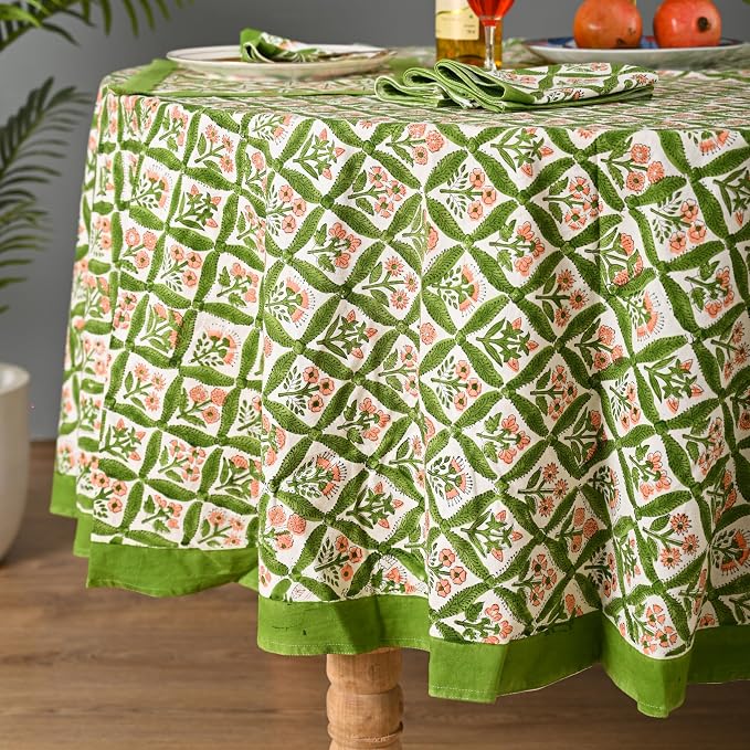 Hand Block Printed Tablecloth – Colorful Floral Print | 100% Cotton | Indian Artisan Handmade Art | Dining Room, Kitchen, Outdoor Décor, (Fresh Green Leaves, 8 Seater 90 Inches Round)
