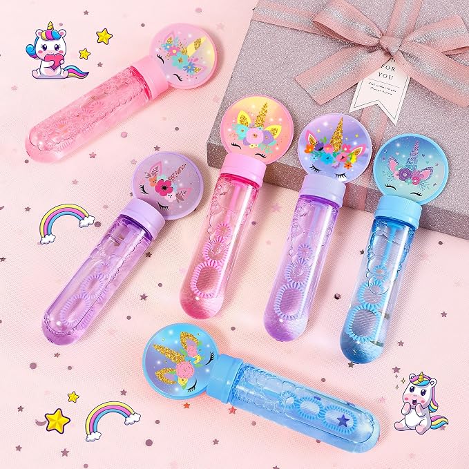 Winrayk 24 Large Unicorn Bubble Wands with Gift Box, Kids Unicorn Party Favors - Pastel Bubbles Bulk (6 Style & 3 Color), Pinata Filler Goodie Bag Stuffer Carnival Prize Summer Girls Birthday Supplies