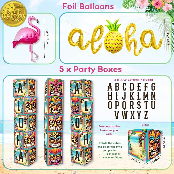 180 Pc Luau Party Decorations Set – Hawaiian Birthday Party Decorations | 2025 Family Choice Award winner – backdrop, balloons, tiki boxes, table skirt, toppers, umbrellas, straws, signs & much more