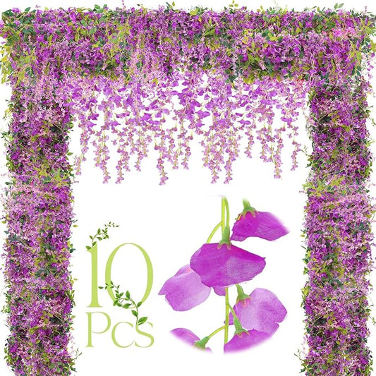 Crowye 10 Pcs 7.2ft/pcs Artificial Flowers Wisteria Garland Artificial Wisteria Vine Hanging Flower Decorations Flower Vines for Outdoor Wedding Wall Arch Party Backdrop Floral Decor (Purple Red)
