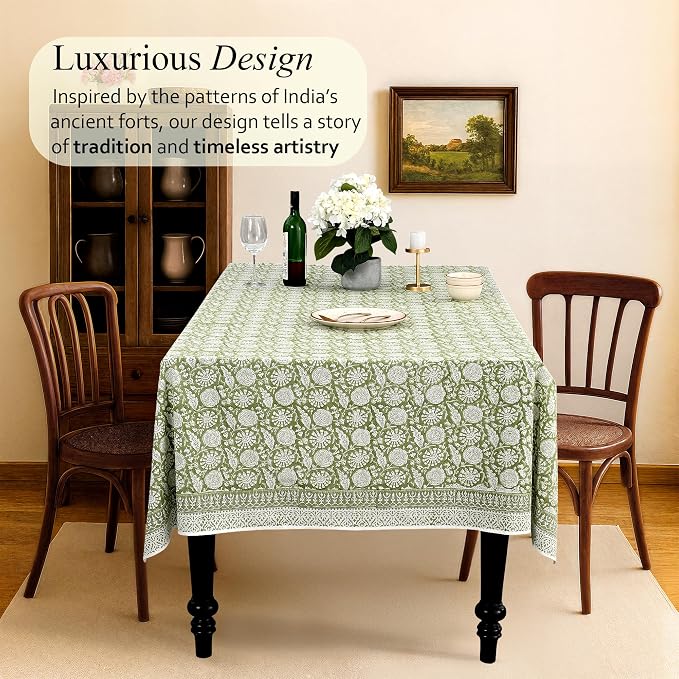 CPC Olive Bloom Tablecloth 100% Cotton 60x90 Inch Indian Block Print Rectangle Table Cover, Table Cloth for Gifting in Weddings, Halloween, Fall, Christmas, Thanksgiving