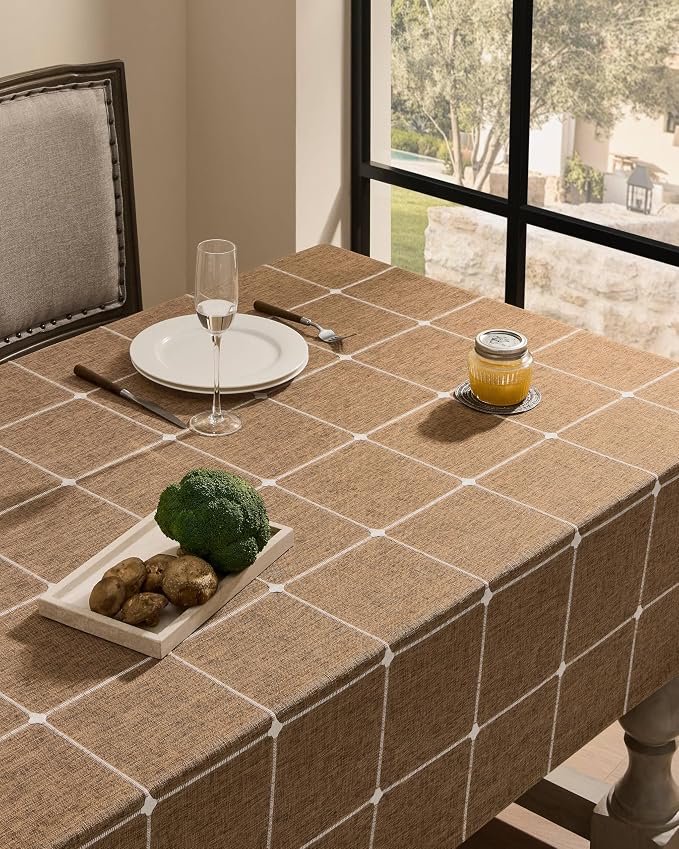 ZeeMart Grid Embroidered Hemmed Tablecloths, Caramel 52x70 Inch, Farmhouse Style Heavy Weight Cotton Linen Brown Tablecloths, Boho Plaid Water Resistant Rectangle Table Cloth