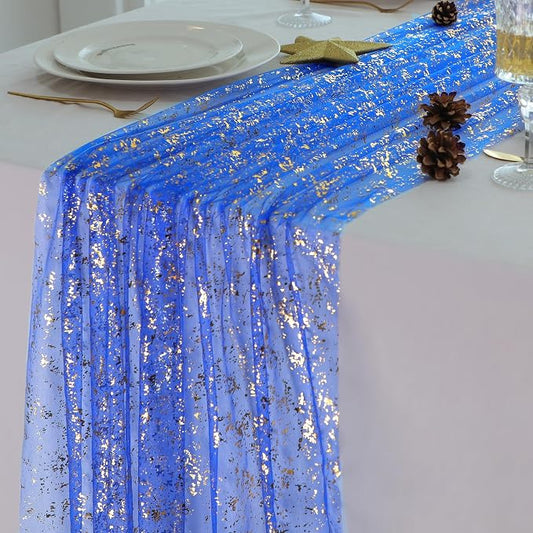 Snowkingdom Royal Blue Gold Table Runner 10 FT 120 Inch, Sparkle Sequin Glitter Metallic Foil Cheesecloth Sheer Gauze Chiffon Tulle Luxury Table Decorations for Wedding Party Birthday Graduation