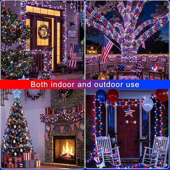 200 LED Red White and Blue Lights, Connectable 66Ft 4th of July Decorations String Lights Clear Wire, Waterproof Patriotic Light Plug in for Independence Day, Memorial Day Indoor Outdoor Decor