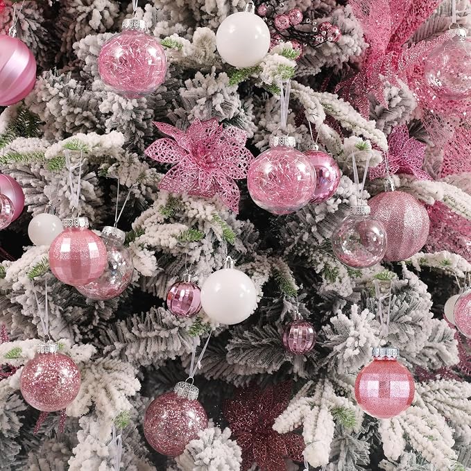 CristBest 30ct Christmas Ball Ornaments-60mm/2.36" Shatterproof Clear Plastic Xmas Balls Baubles Set with Stuffed Delicate Sparkling, Hanging Christmas Tree Decorations(Pink)