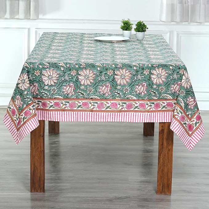 Ridhi Viridian Green Hand Block Print Cotton Rectangle Tablecloth 190" x 72" inches Reusable Table Cover Decorative Everyday Use for Dining Room, Farmhouse, Home Gift for Spring, Mother's Day