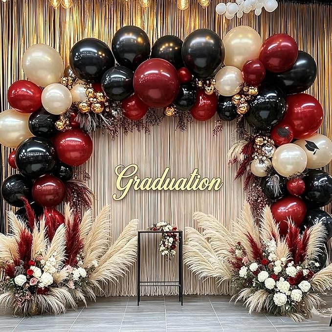 Burgundy Black Balloon Arch Kit Double Stuffed Maroon Dark Red Wine Pearl White Sand Gold Balloon Garland for Birthday Mothers Day Anniversary Graduation Hollywood Bridal Shower Party Decoration