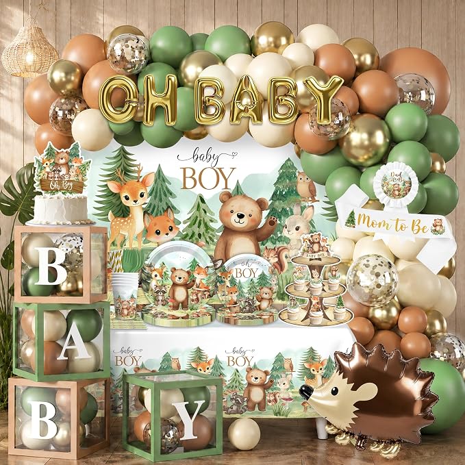 254Pcs Woodland Baby Shower Decorations, All-in-one Baby Boy Woodland Forest Animals Party Set with Plates, 2 Tablecloths, Cupcake Stand Woodland Theme Baby Shower Decorations