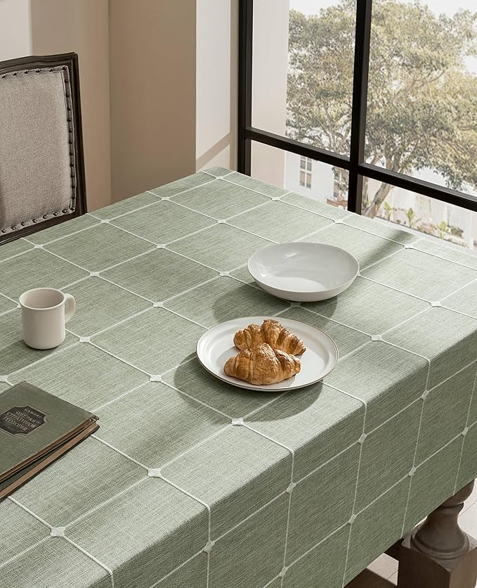 ZeeMart Grid Embroidered Hemmed Tablecloths, Green 60x84 Inch, Farmhouse Style Heavy Weight Cotton Linen Sage Green Tablecloths, Boho Plaid Water Resistant Rectangle Table Cloth