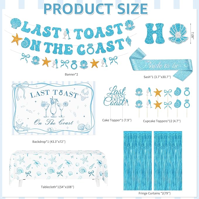 THAWAY Last Toast on The Coast Bachelorette Party Decorations - 139Pcs Coastal Blue Bridal Shower Decor Set with Backdrop, Tablecloth, Balloon Arch Kit, Bride Veil & Sash for Beach Wedding Decorations
