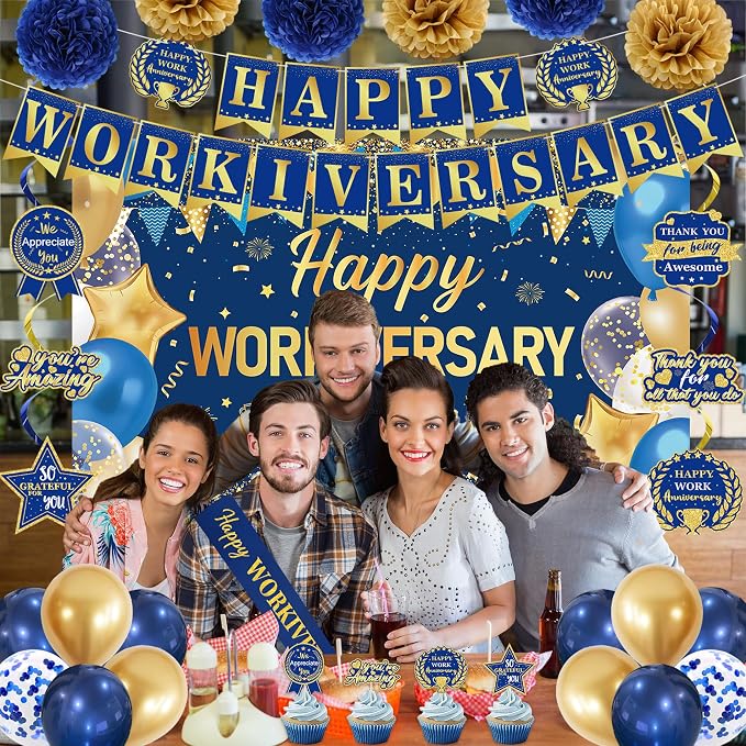 DARUNAXY Happy Workiversary Party Decorations for Men Women, Blue Gold Happy Work Anniversary Banner Cake Topper Hanging Swirl Confetti Balloons Decor Set for Employee Office Party Supplies(31PC)