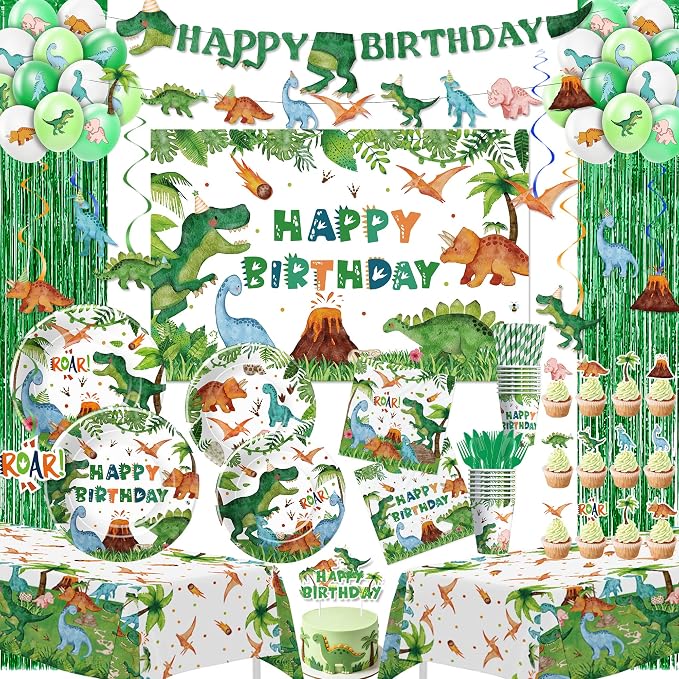 Dinosaur Birthday Decorations for Kids, Jungle Animal Dino Dinosaur Party Supplies for Birthday Baby Shower, Plate, Napkin, Cup, Banner, Tablecloth, Balloon, Swirl, Backdrop, Curtain, Serves 24