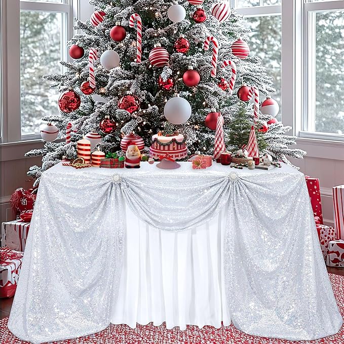 B-COOL Shimmering Sequin Tablecloth Christmas Rectangle Table Cloth Linen Glitter Cake Table Cloth 90x90 Inch for Wedding Party Banquet, Laser Silver