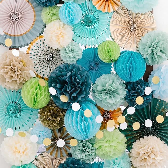 PapaKit 26pc Deluxe Large Sage Green & Gold Party Decoration Set - Premium Paper Fans, Honeycomb Balls & Pom Poms Backdrop - Party Wall Decor for Baby Shower, Wedding, Birthday, & Bridal Shower