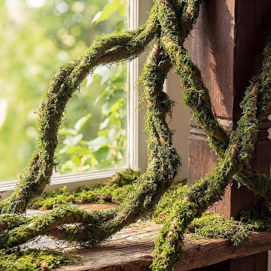 Janinka 4 Pcs 118in Large Bendable Artificial Tree Branches with Moss Enchanted Forest Decorations DIY Jungle Climber Vines Fake Moss Jungle Party Decor for Garden Landscape Reptile Habitat Decor
