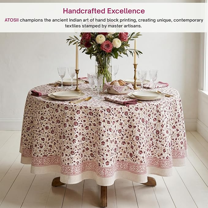 ATOSII Sophia 100% Cotton Round Boho Fall Tablecloth, Handblock Floral Table Cloth Linen for Kitchen Dining I Parties Weddings Outdoors Picnics Easter Mothers Day I 72" Inches Round I 4 Seater