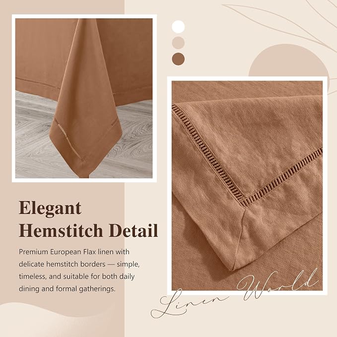 Linen World Fall Linen Tablecloth 120" x 60" Inch,French Linen Washable Rectangular Table Cloth for Dining,Outdoor, Weddings and Restaurants,Decorative Thanksgiving Christmas,Beige Hemstitch