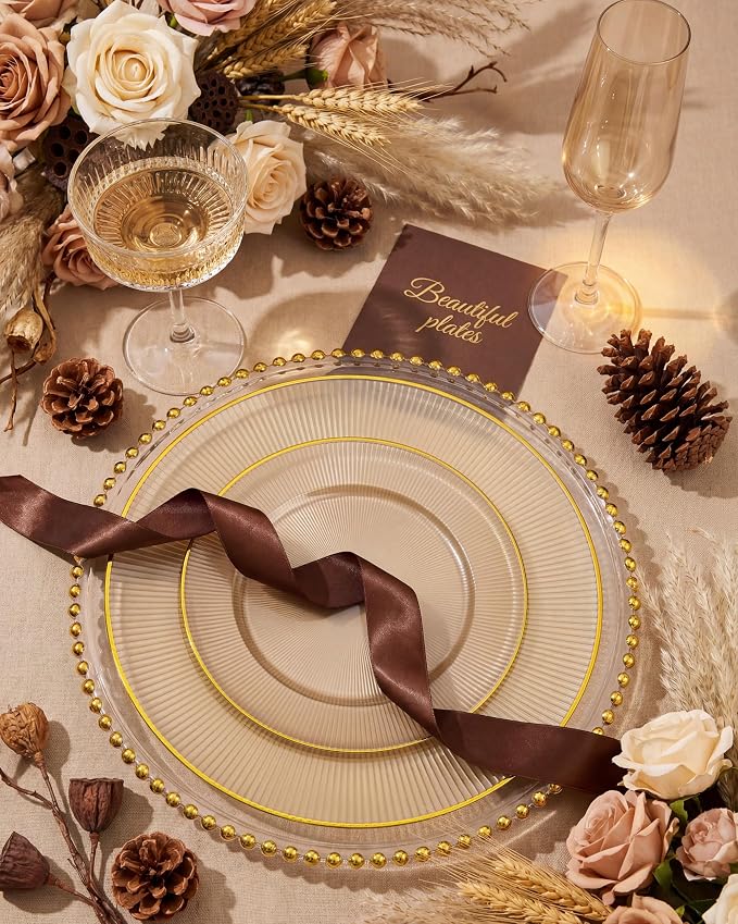 Hioasis 60pcs Brown and Gold Plastic Plates - Brown Disposable Dinnerware Set, 30pcs Dinner 10in & 30pcs Dessert 7in Plates with Striped Designs for Party & Wedding