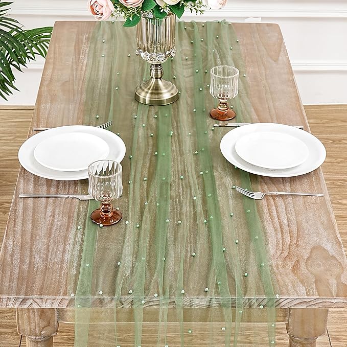 Pearl Table Runner Tulle Lace: 10 ft Tulle Table Runners Pearl Sheer Table Cover Fabrics for Wedding Arch Dessert Table Decorations Sage Green