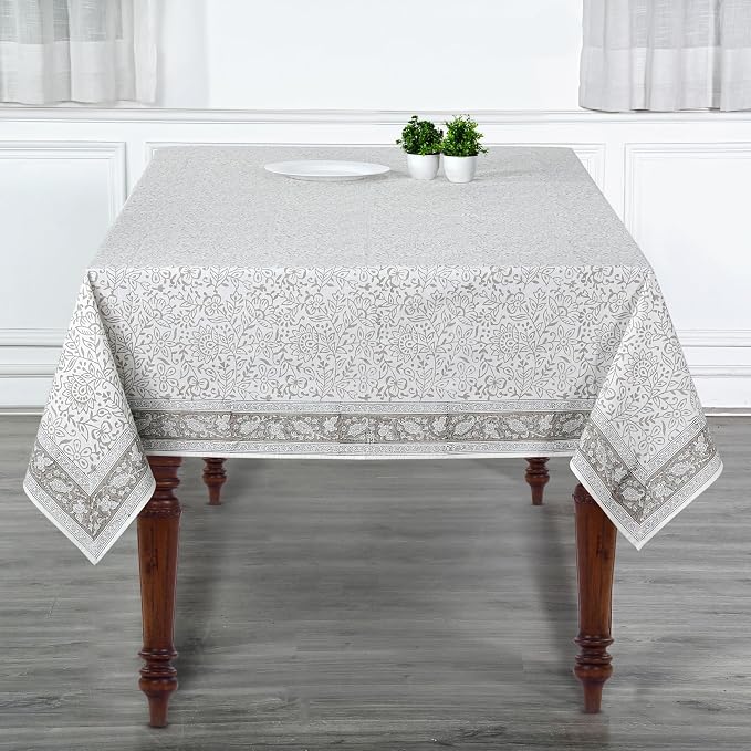 Ridhi Taupe Jal Hand Block Print Cotton Rectangle Tablecloth 140" x 72" inches Reusable Table Cover Decorative Everyday Use for Dining Room, Farmhouse, Home Gift for Spring, Mother's Day