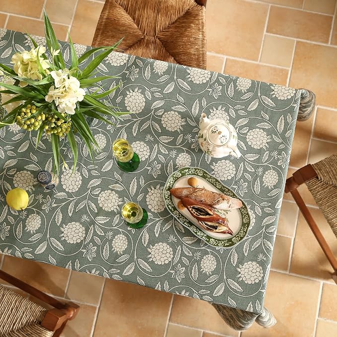 ISAENNE Designer Linen Green Rectangular Tablecloth,87"x55"-Andrew A | Vintage Elegant French Table Cloth Rectangle Table,Floral Pattern,Heavyweight,Dining Room,Tea Party,Kitchen,Thanksgiving