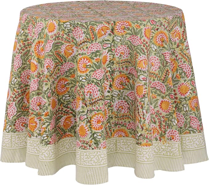 ATOSII Clover Green 100% Cotton Round Tablecloth, Hand Block Print Floral Table Cloth for Kitchen Dining Linen I Parties, Weddings, Holidays, Christmas, Thanksgiving I Fall Home Decor 60" Inches Round