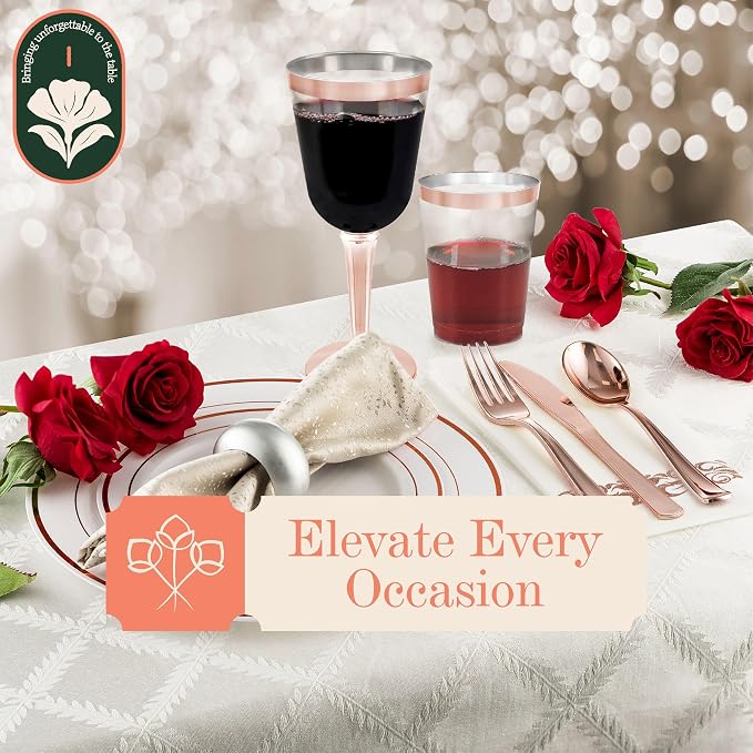 BloominGoods 50 Rose Gold Rimmed Disposable Plastic Wine Glasses | Large 10 oz. Premium Clear Hard Plastic Fancy Wine Cups for Weddings & Events (50-Pack)