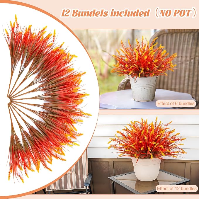 Artificial Fake Plants Flowers for Outdoors Fall Decor, 12 Bundles Fall Leaves Faux Lavender Flowers for Autumn Decoration, Fake Shrubs UV Resistant Planter No Fade for Garden Porch Balcony(Brown)