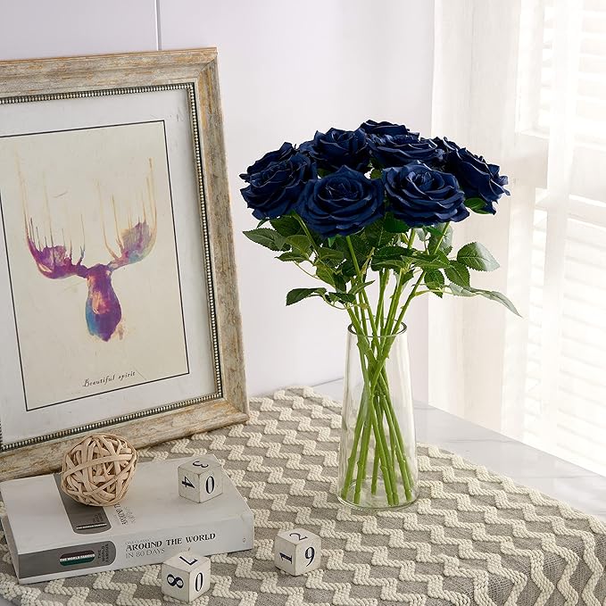 Artificial Rose 10pcs Open Flower Bouquet Navy Blue Faux Rose Stems for Wedding Arrangement, Bridal Bouquet, Centerpiece, Fake Faux Silk Flowers