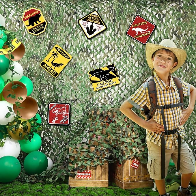 Bucherry Dinosaur Party Decorations Set 10x13ft Dino Netting 6 Paper Sign Jungle Dino Theme Birthday Party Supplies for Birthday Indoor Outdoor Decor Halloween Dinosaur Trunk or Treat Car Decorations