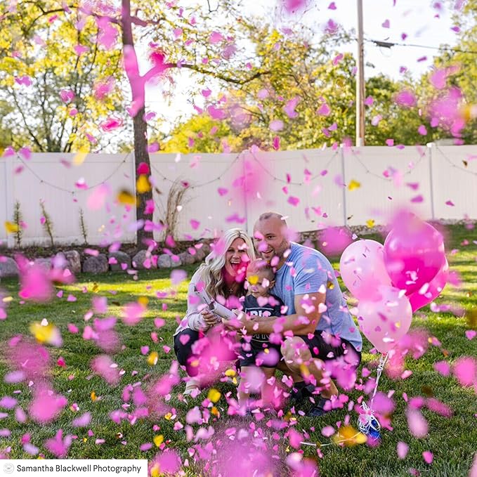 PrimePure Gender Reveal Confetti Cannon - Heart Shaped Confetti Poppers - Pink, 2 Pack - Baby Girl Gender Reveal Party Poppers - Pink Paper Baby Party Supplies Pop Gun
