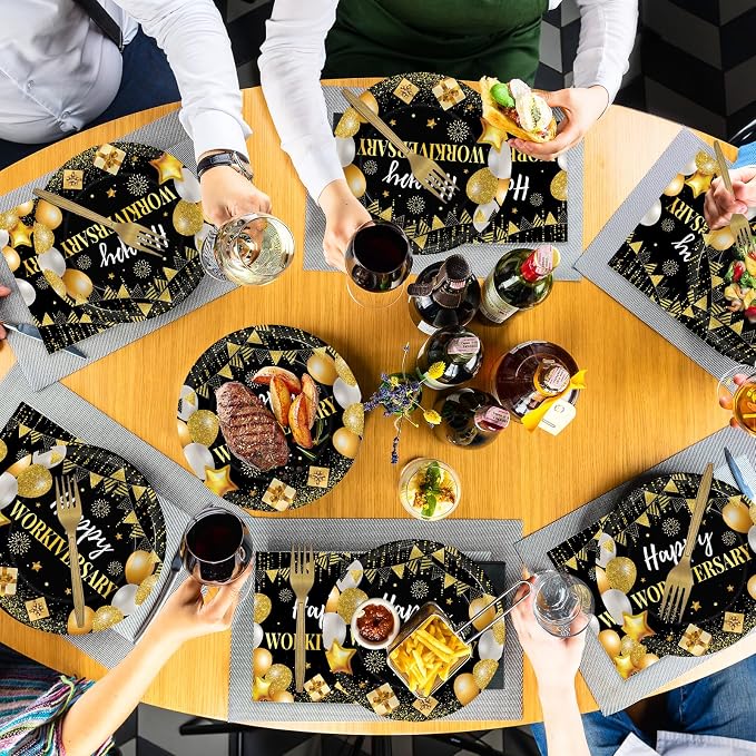 Justforjoyful 96Pcs Happy Work Anniversary Party Supplies Black Gold Happy Workiversary Tableware Dinnerware Set Worker Appreciation Plates Napkins Decorations for Women Men Office Employee Worker