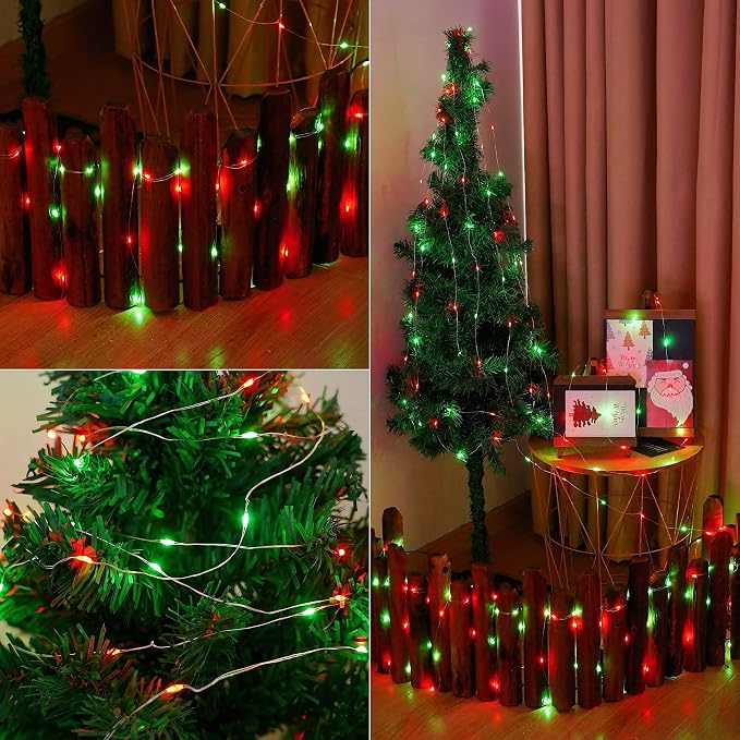YEGUO 4 Pack Red and Green Solar Fairy Lights, Each 33ft 100 LED Christmas Lights Outdoor Waterproof, 8 Modes Sliver Wire Solar String Lights