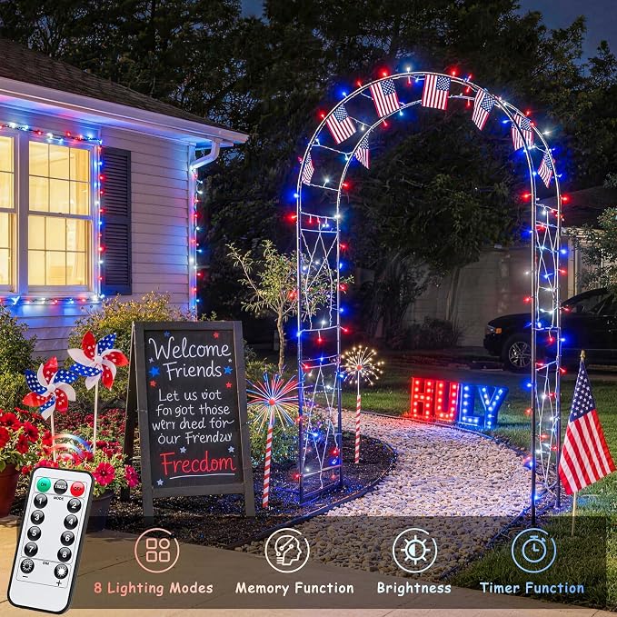 JMEXSUSS 33ft 100 LED Red White and Blue Lights Outdoor, 4th of July Lights Battery Operated with Remote, 8 Modes Patriotic Decorations for Indoor Outside Independence Day American Flag Holiday