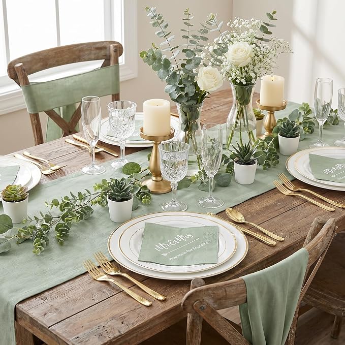 Teling 400 Pcs Wedding Napkins for Reception, 3 Ply Mr Mrs Wedding Cocktail Napkins for Engagement Bridal Shower Party Supplies Beverage Dessert Table Decorations(Sage Green)