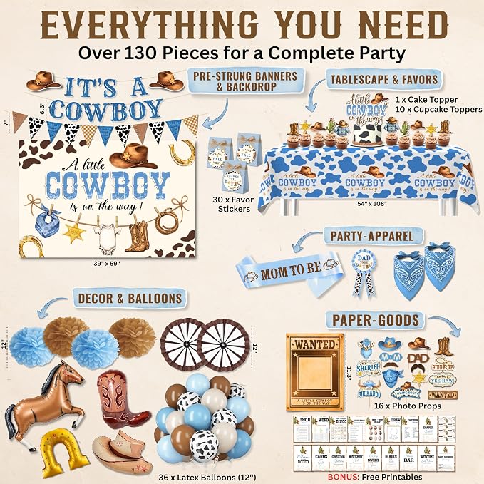Premium Cowboy Baby Shower Decorations for Boy, A Little Cowboy is on the Way Decorations, Western Baby Shower Decor with Backdrop, Balloons, Banner, Table Decor, Sash, Photo Props, and More