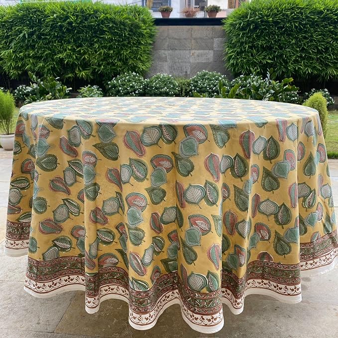 Ridhi Latte Yellow 100% Cotton Round 120 Tablecloth Hand Block Print Washable Reusable Table Cover Farmhouse Parties Buffet Dining Weddings Country French Easter Summer Fall Spring Thanksgiving