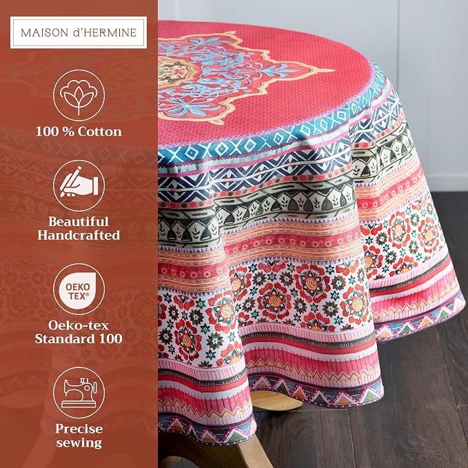 Maison d' Hermine Table Cloth Round Table 100% Cotton 69 Inches Fall Tablecloth Reusable Everyday Use for Thanksgiving Christmas Decorations Dining Farmhouse Party (Ispahan)