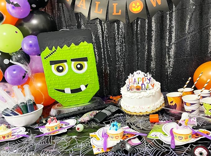 Jergrim Cute Frankenstein Halloween Piñata 3-piece Bundle for kids and adults, fits 2lbs of candy, perfect for Halloween party, spooky decorations, October birthday and party supplies