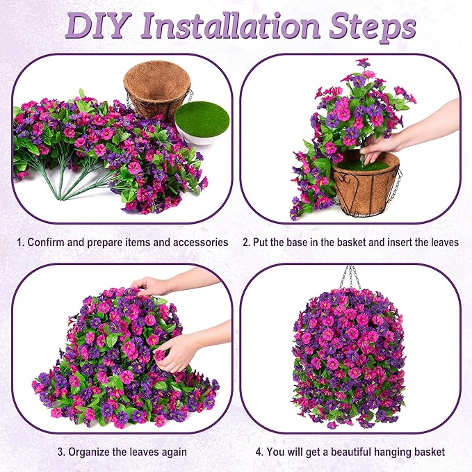 Ammyoo Artificial Fake Hanging Flowers Basket for Spring Decor, Faux Silk Flower in Planter for Summer, Outdoor Artificial Floral for Home Porch Yard(Purple-red Deep Purple)