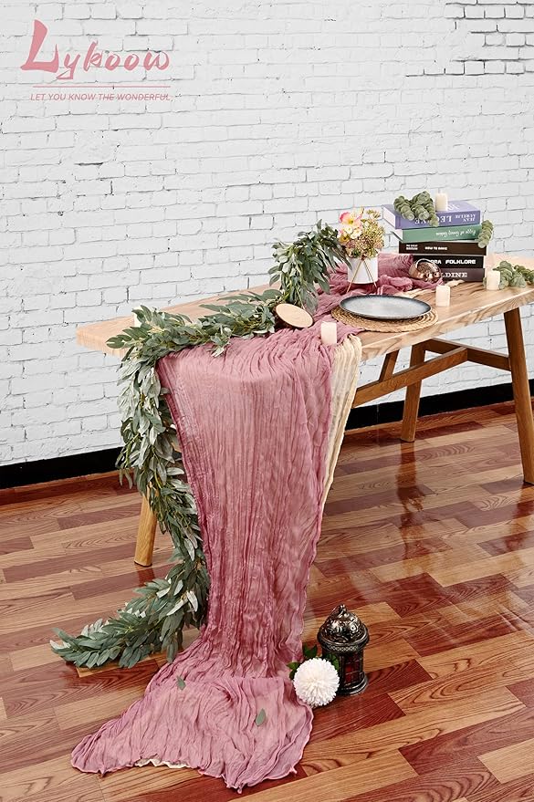 5 Packs Rustic Boho Table Runner, 35" x 120" Gauze Fabric in Dusty Rose for Wedding, Party & Shower Decor