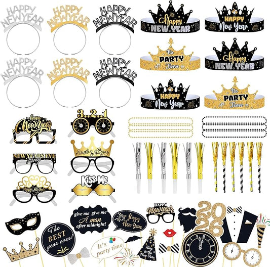 KatchOn, New Years Eve Party Favors - Pack of 74 | Happy New Year Glasses, Photo Props, Hats and Noise Makers | New Years Headband 2026, New Year's Eve Party Supplies for Happy New Year Decorations