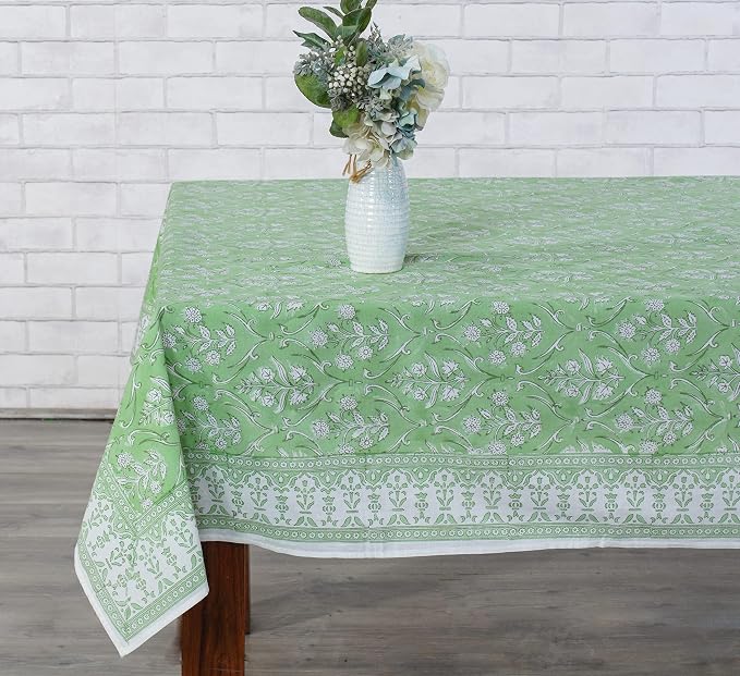 Ridhi Pear Green Hand Block Print Cotton Rectangle Tablecloth 108" x 70" inches Reusable Table Cover Decorative Everyday Use for Dining Room, Farmhouse, Home Gift for Spring, Mother's Day