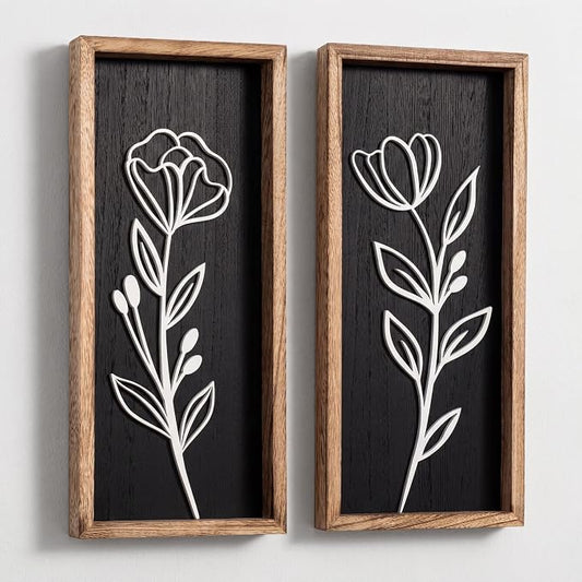 3D Vintage Black Living Room Decor (Set of 2) Lightweight, Wooden Ready-to-Hang Framed Moody Floral Wall Art for Bathroom, Bedroom or Office - Dark Textured Boho Farmhouse Wall Decor - Gift-Boxed